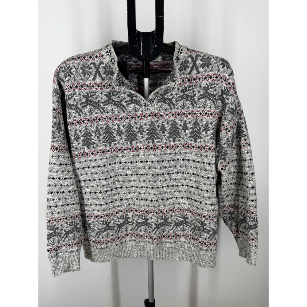 Chelsea‎ Gardens Vintage Fair Isle Reindeer Sweater Grey Red XL Made in USA